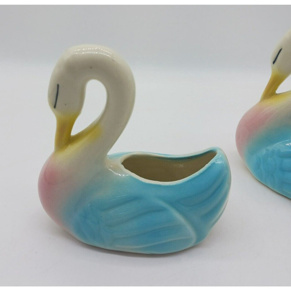 Lovely MCM Pair Set 2 Swan Planters Yellow Blue Pink Ceramic Mid Century Vintage - Picture 8 of 13